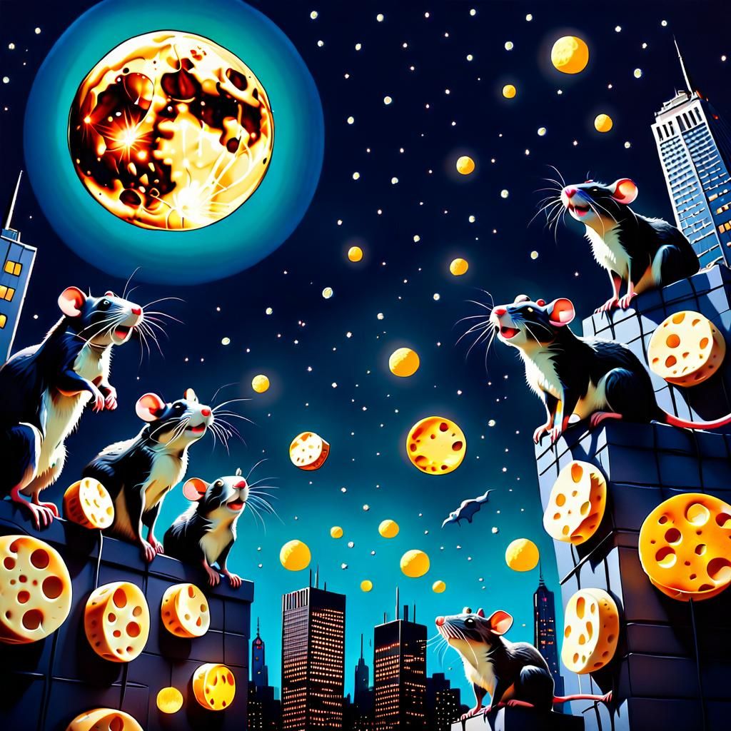 Surreal Rats Admire Swiss Cheese Moon in NYC