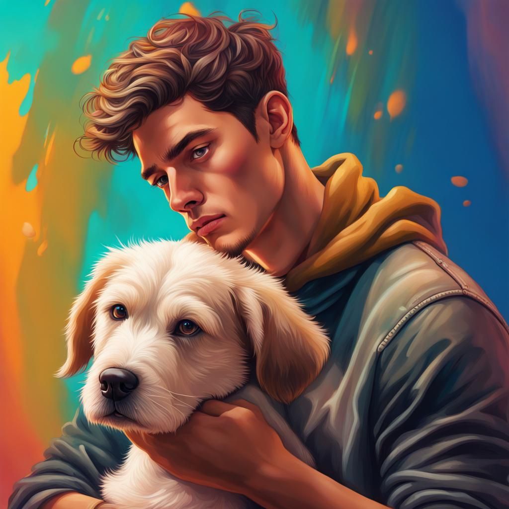 Handsome Man with Puppy in Hyperrealistic Style