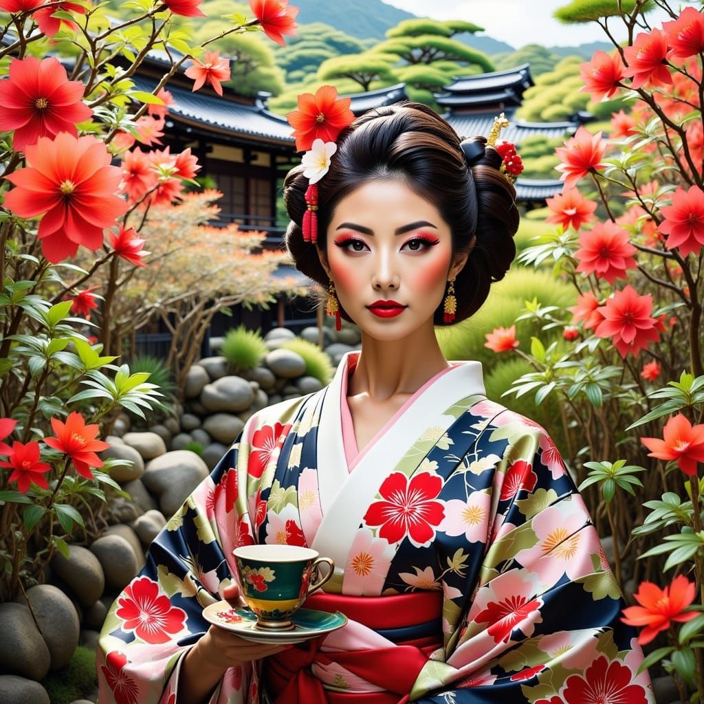 Cyberpunk Geisha in Vibrant Oasis