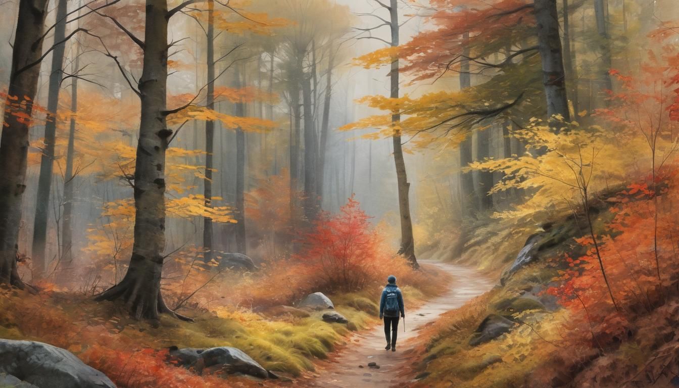 Autumn Hiker in Watercolor Landscape Painting