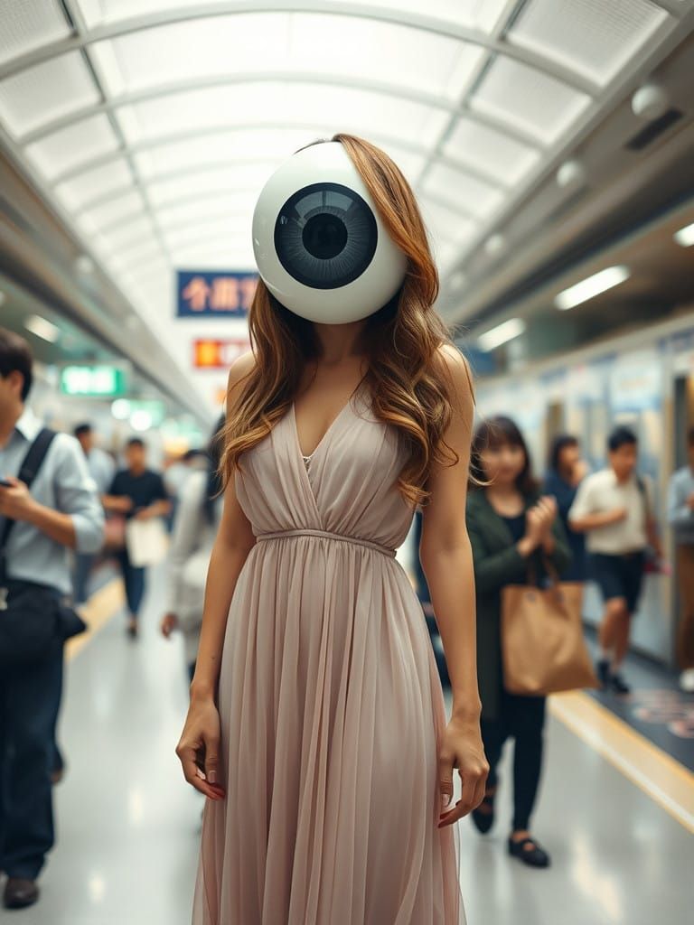 Confident Woman in Japanese Train Station with Cyclops Mask