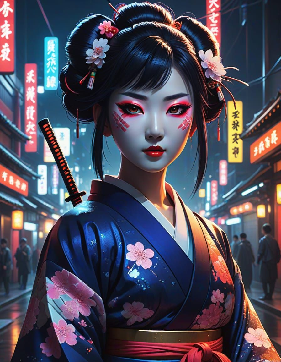 Cyberpunk Geisha in Vibrant Anime Style