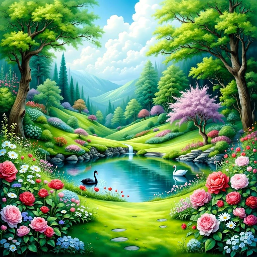 Lush Rose Garden Landscape with Swans: Splash Art