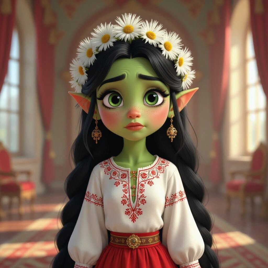 Young Orc Lady with Dandelion Crown in Disney Style