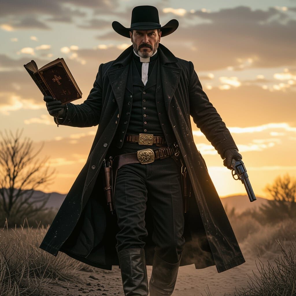Gunslinger Priest with Bible and Revolver