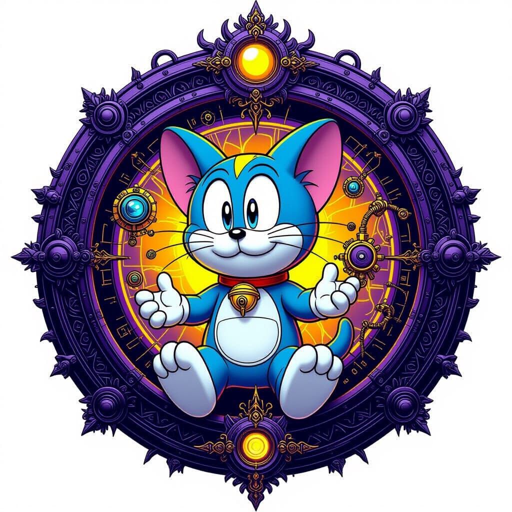 Doremon with Gadgets in Dark Fantasy Style