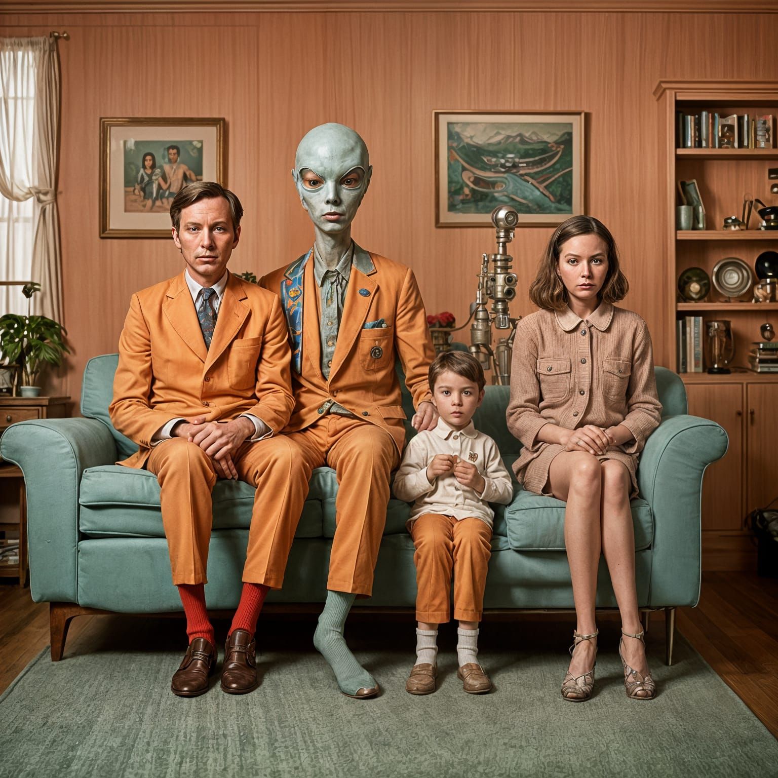 Alien Family Portrait in Wes Anderson Style