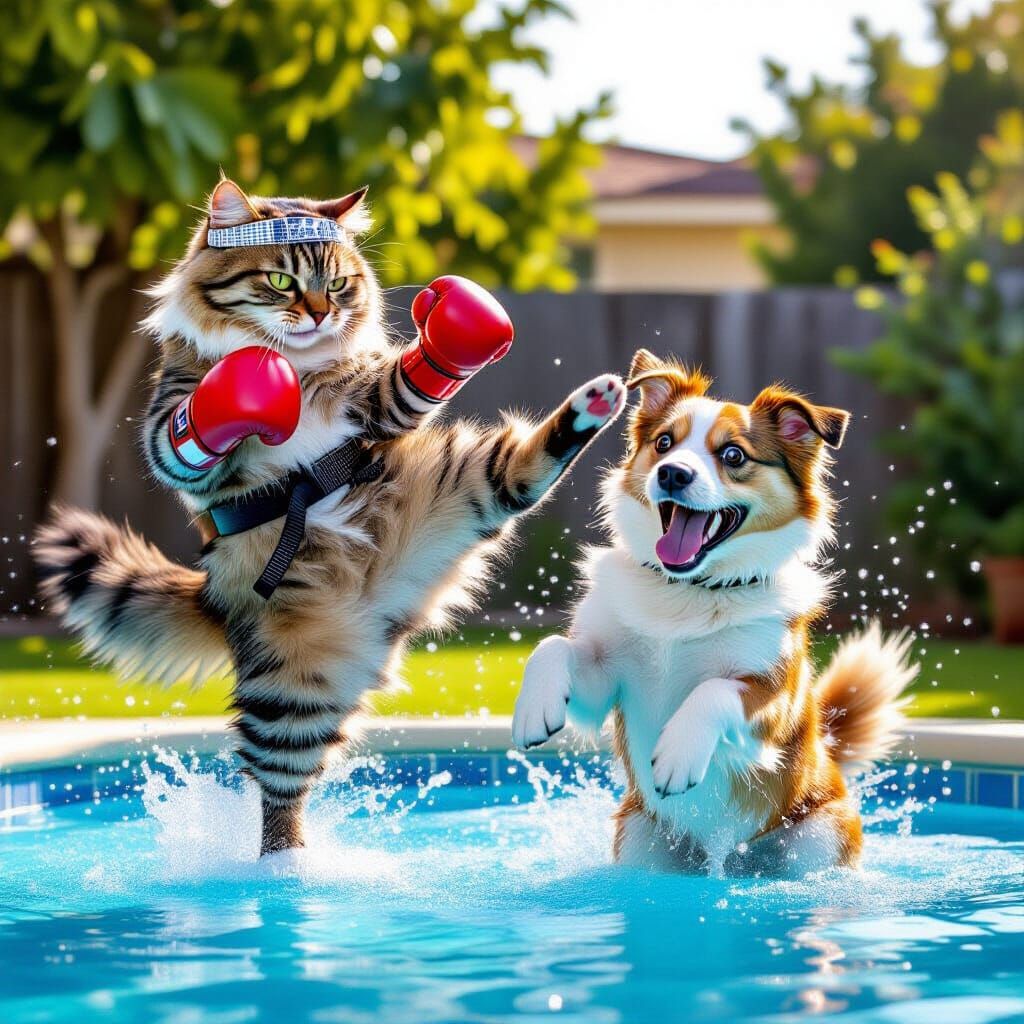 Humorous Cat Kicks Dog into Pool