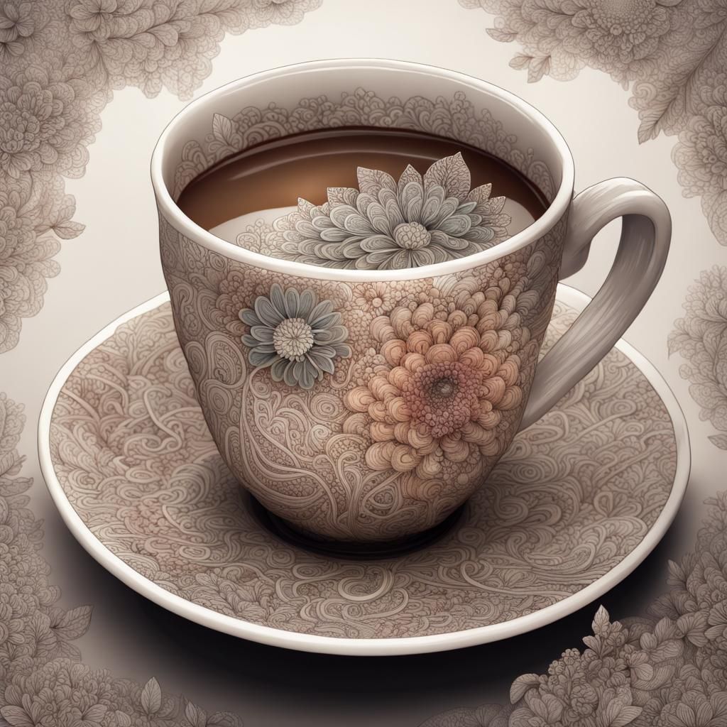 Intricate Coffee Cup in Lush Garden, Hyperrealistic Art