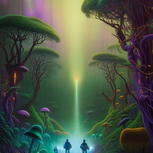 Bioluminescent Forest: Mushroom Men in a Hyperrealistic Styl...