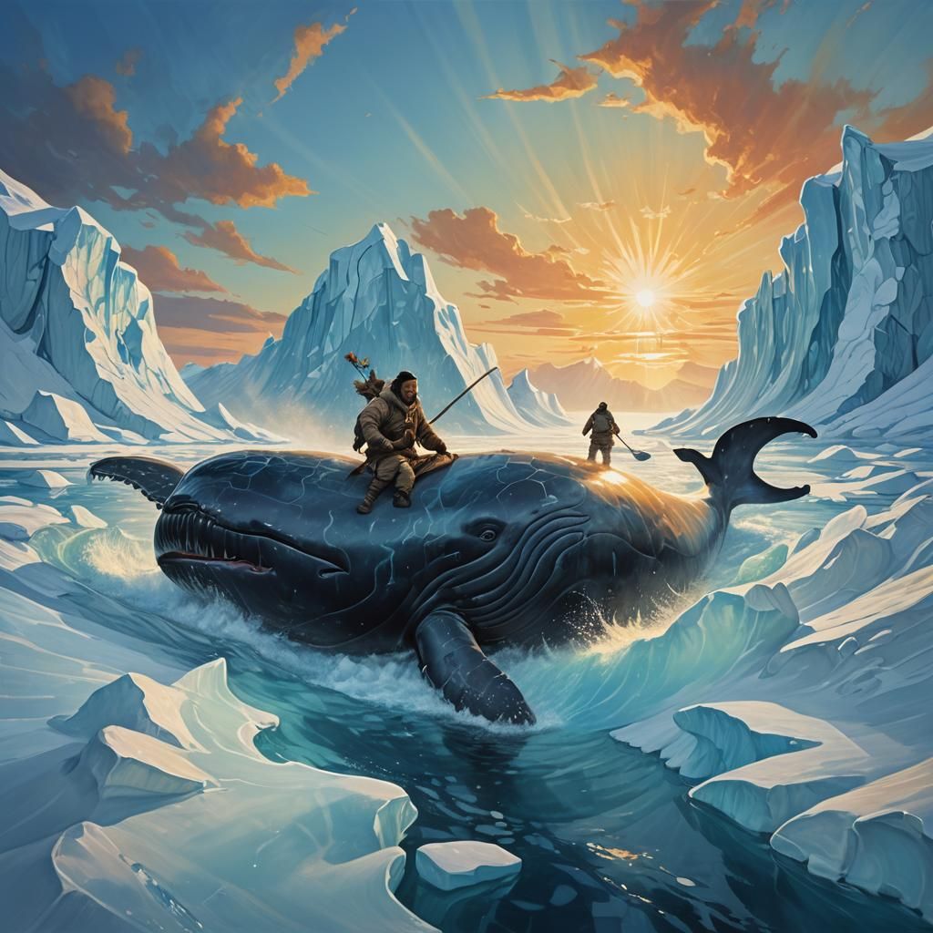 Inuit Hunter Riding Whale in Stylized Oil Painting