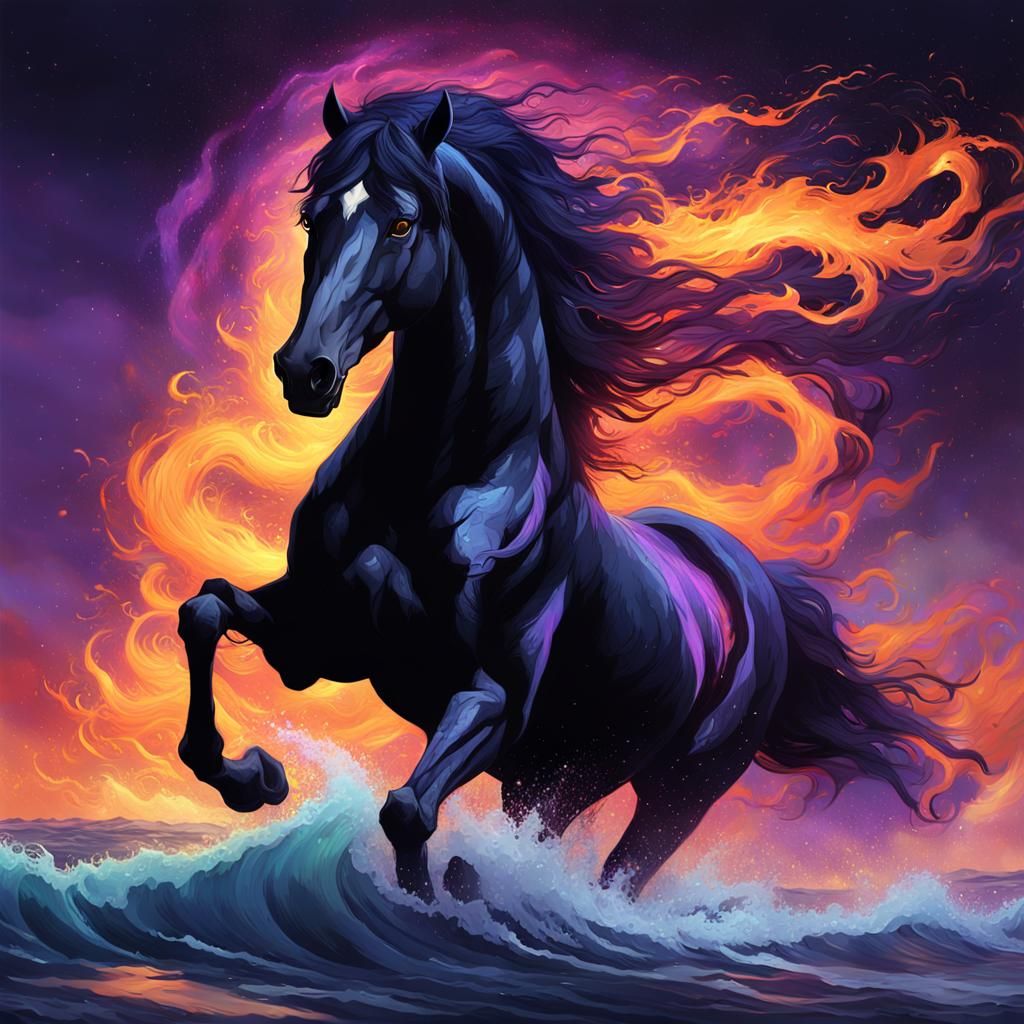 Fiery Horse Gallops on Ocean: Dark Fantasy Art