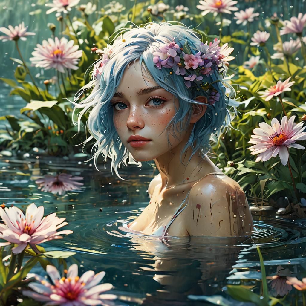 Mysterious Woman in Lake of Flowers, Digital Painting