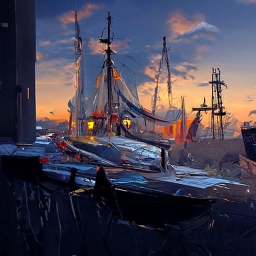 Pirate Ships in Harbour at Twilight
