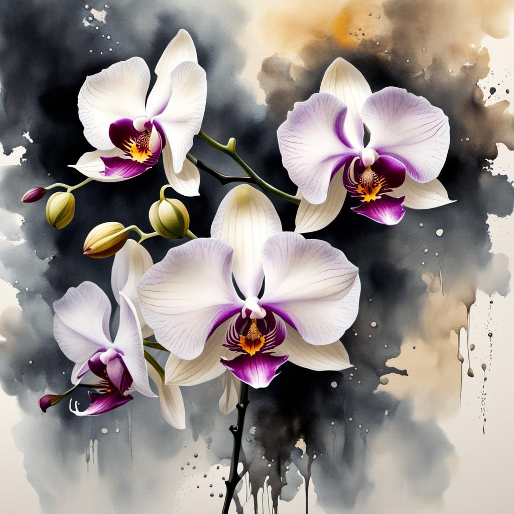 Orchid in Muted Chinese Ink Painting Style