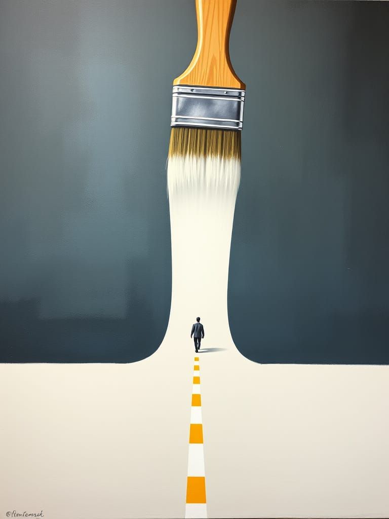 Surreal Painting of a Lone Figure on a Freshly Painted Road