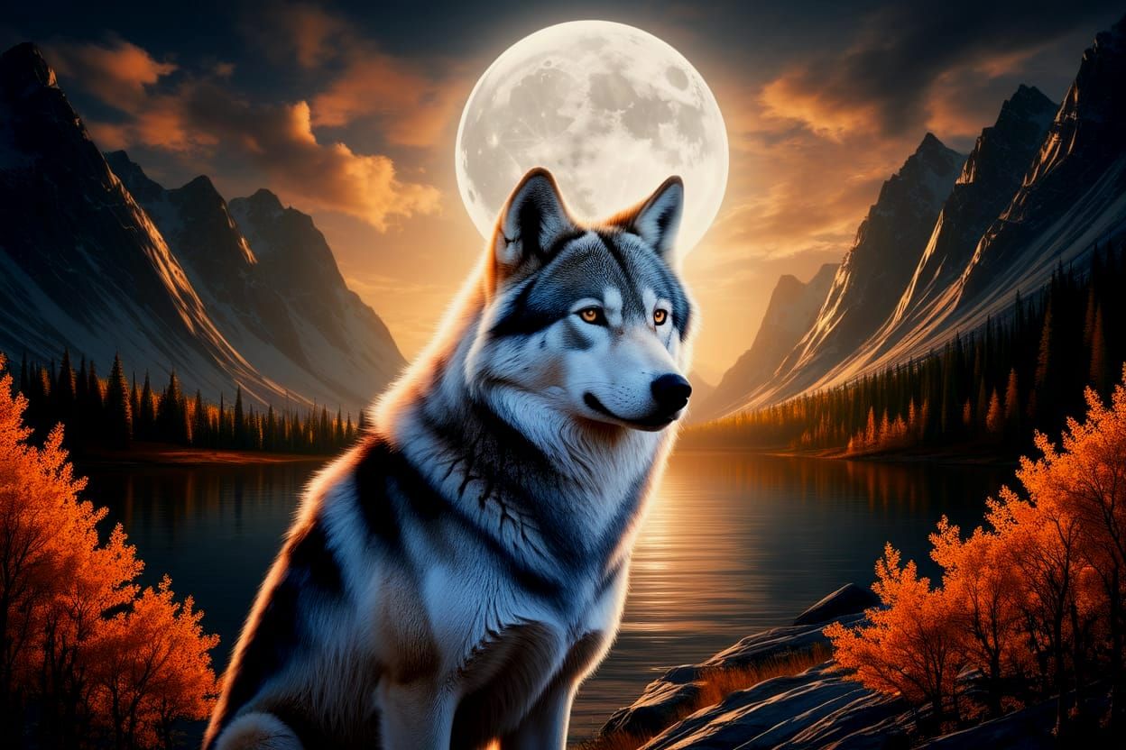 Majestic Wolf Under Full Moon Over Autumn Lake