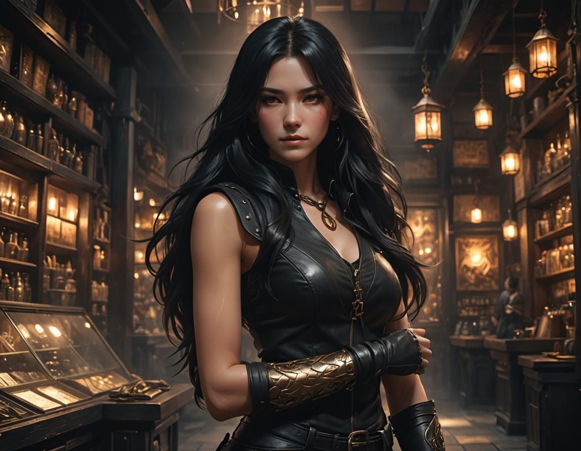 Dark Fantasy Anime Woman in Black Magic Shop