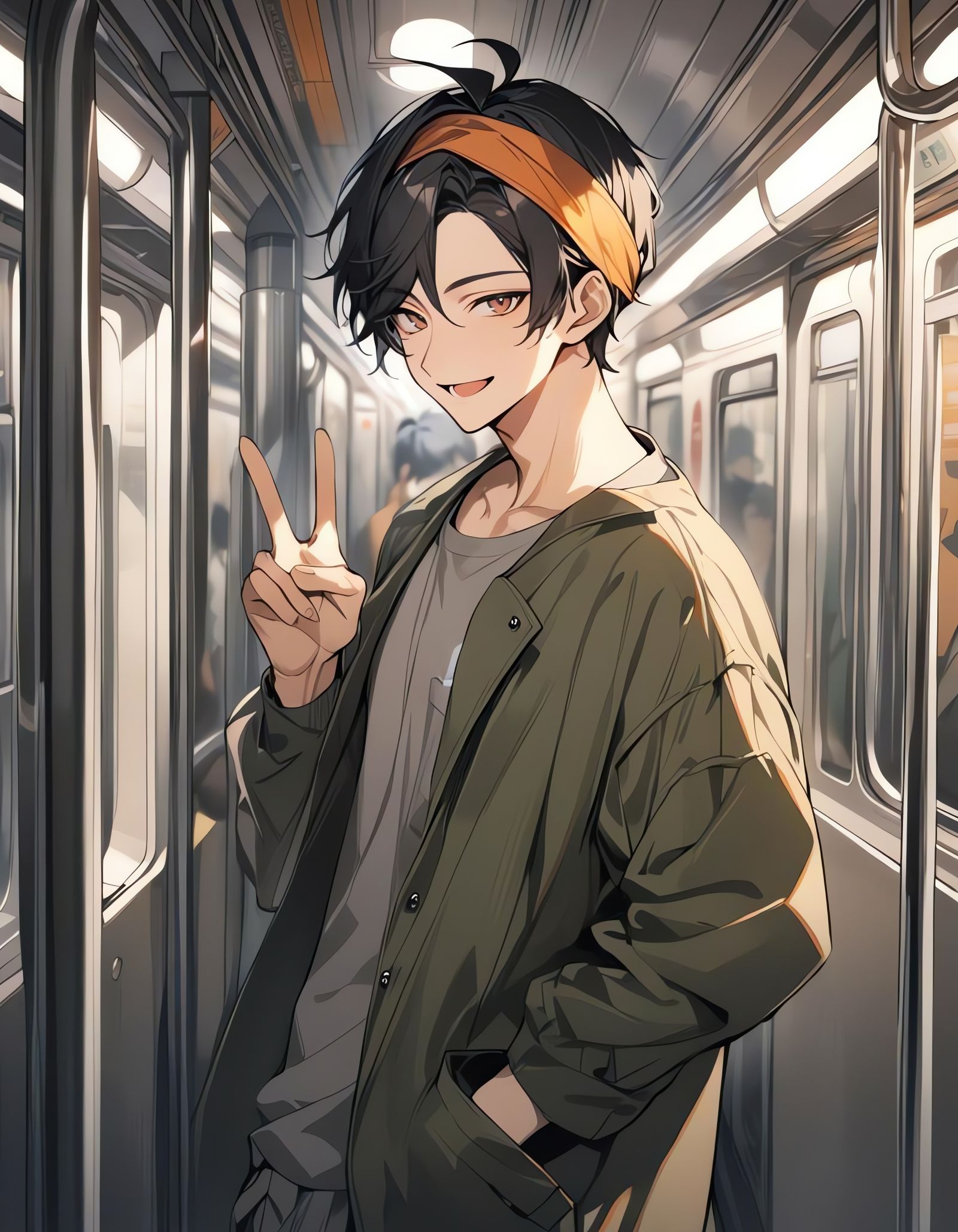 Smiling Bishounen Boy on Subway Train