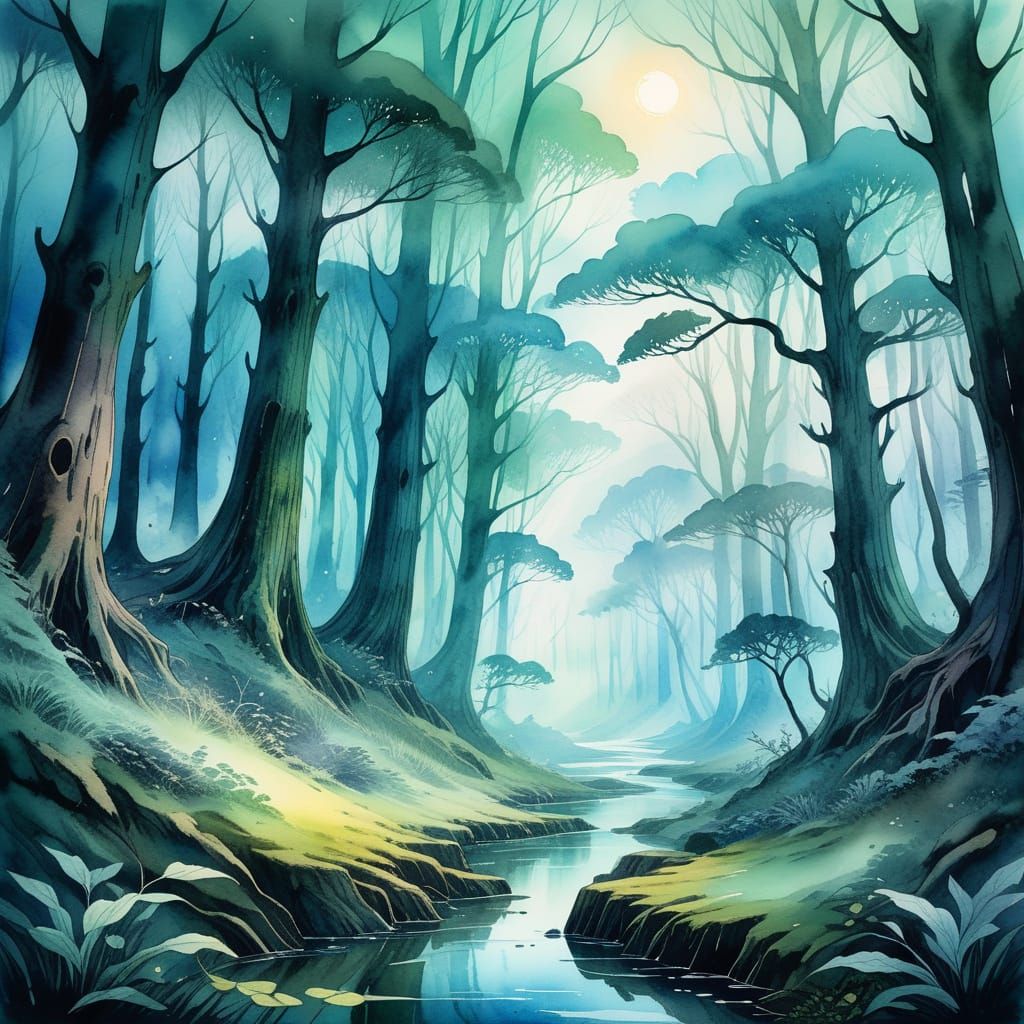 Mystical Ancient Forest Landscape in Watercolor Style