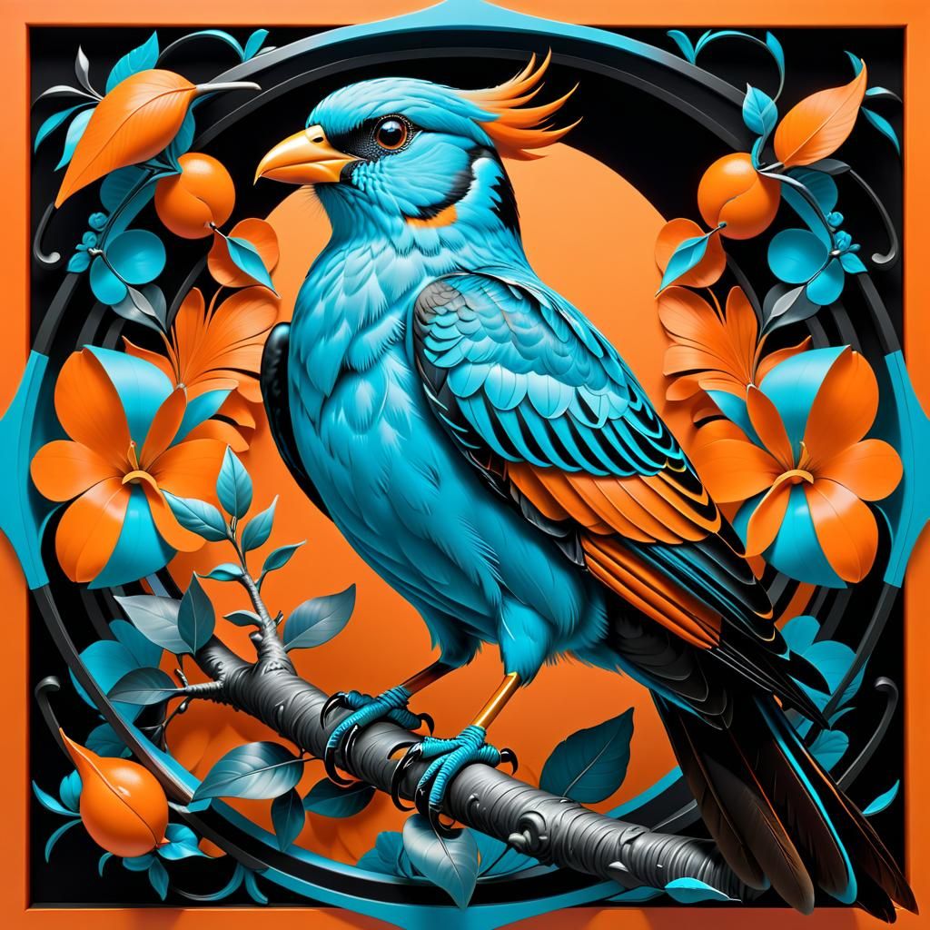 Orange and Cyan Avian Fantasy in Audubon Style