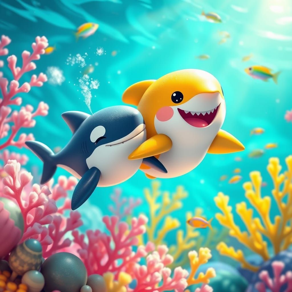 Vibrant Cartoon Whimsy in a Dreamlike Oceanic Scene