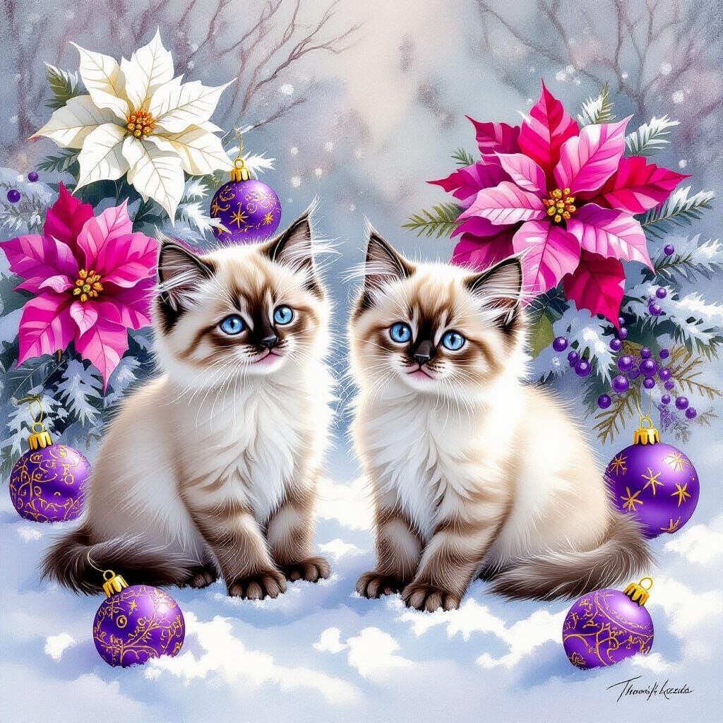 Siamese Kittens in Snowy Christmas Scene