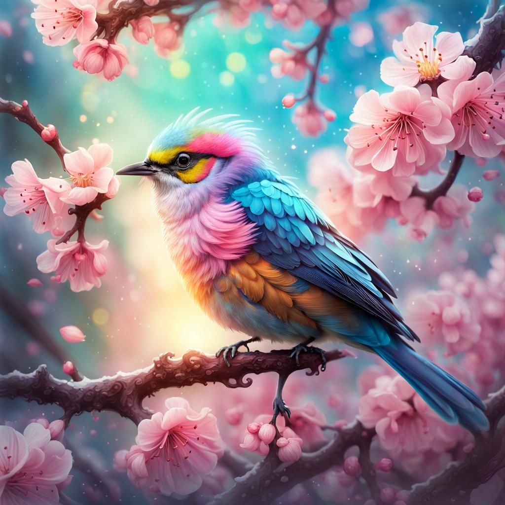 Adorable Pastel Bird on Cherry Blossom Branch