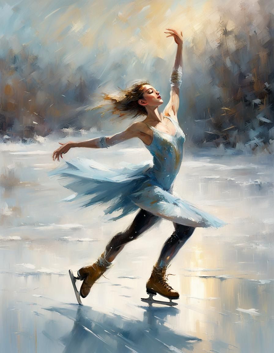 Figure Skater on Frozen Lake with Gold Accents