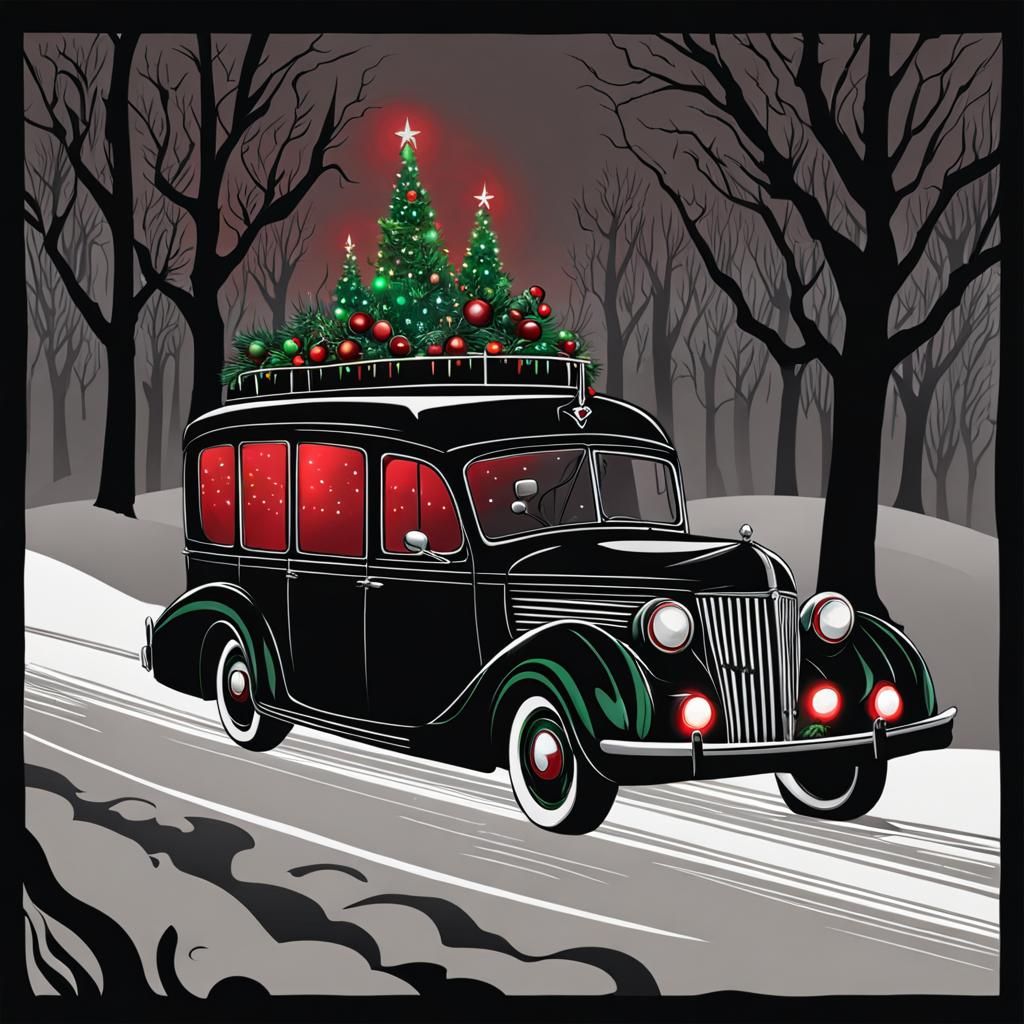 Gothic Christmas Hearse on Spooky Coffee Road