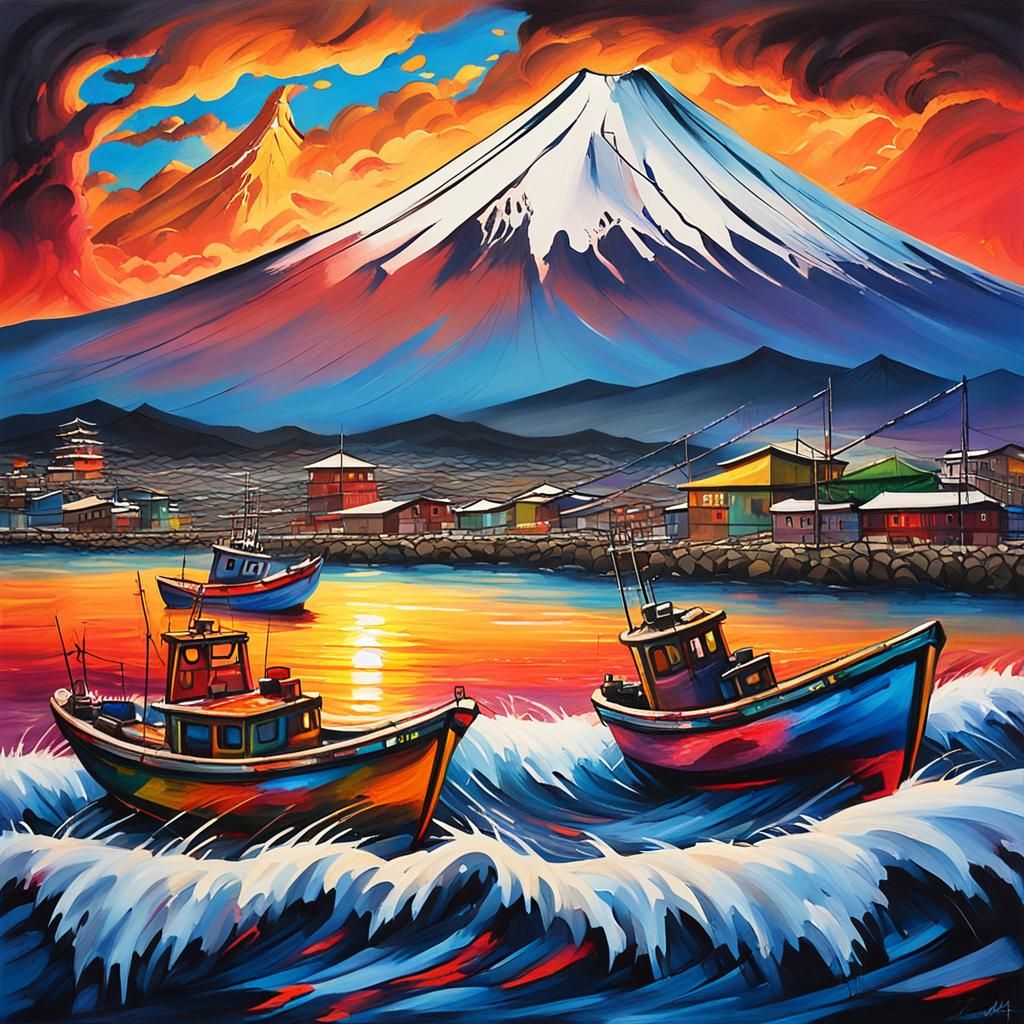 Vibrant Graffiti of Coastal Fishing Boats Set Against Majest...