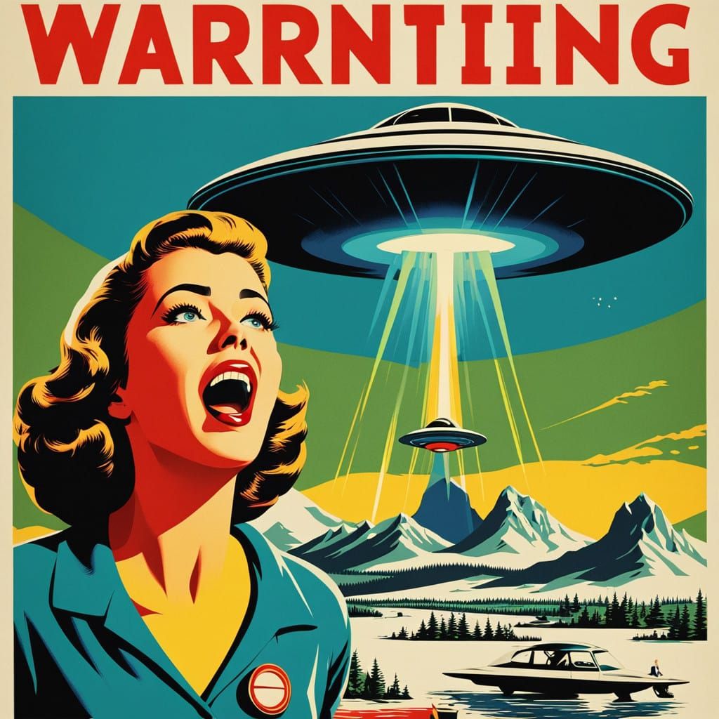 Alien Abduction Warning Poster in Vibrant Abstract Art