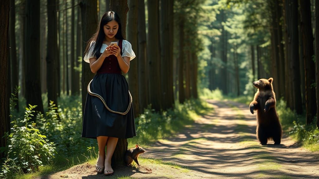 A Young Woman Amidst the Forest, Surrounded by Wildlife in a...
