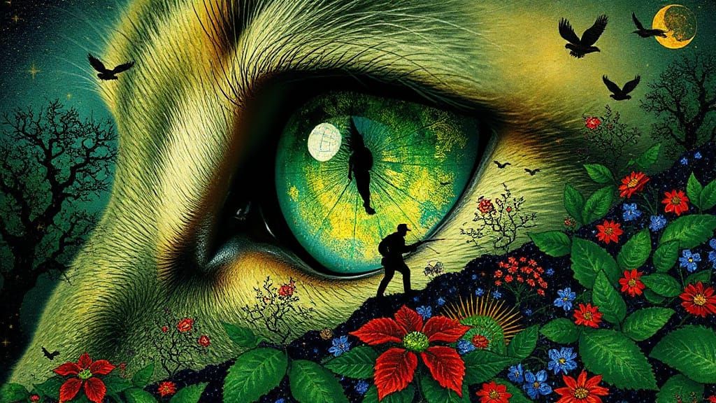 Surreal Green Cat Eye Overlaps a Dreamlike Hunter's Chase in...
