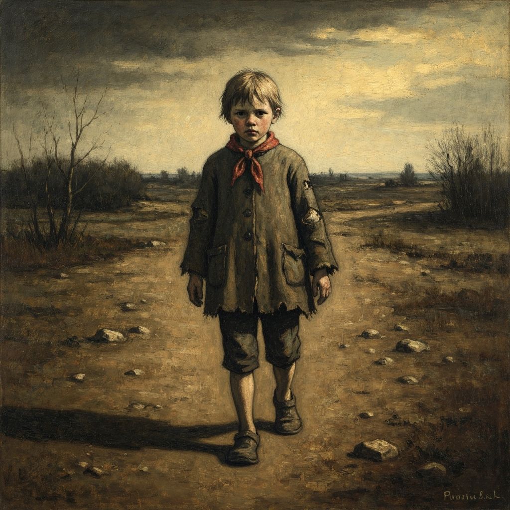 Orphan Wandering a Desolate Landscape in Social Realism Styl...