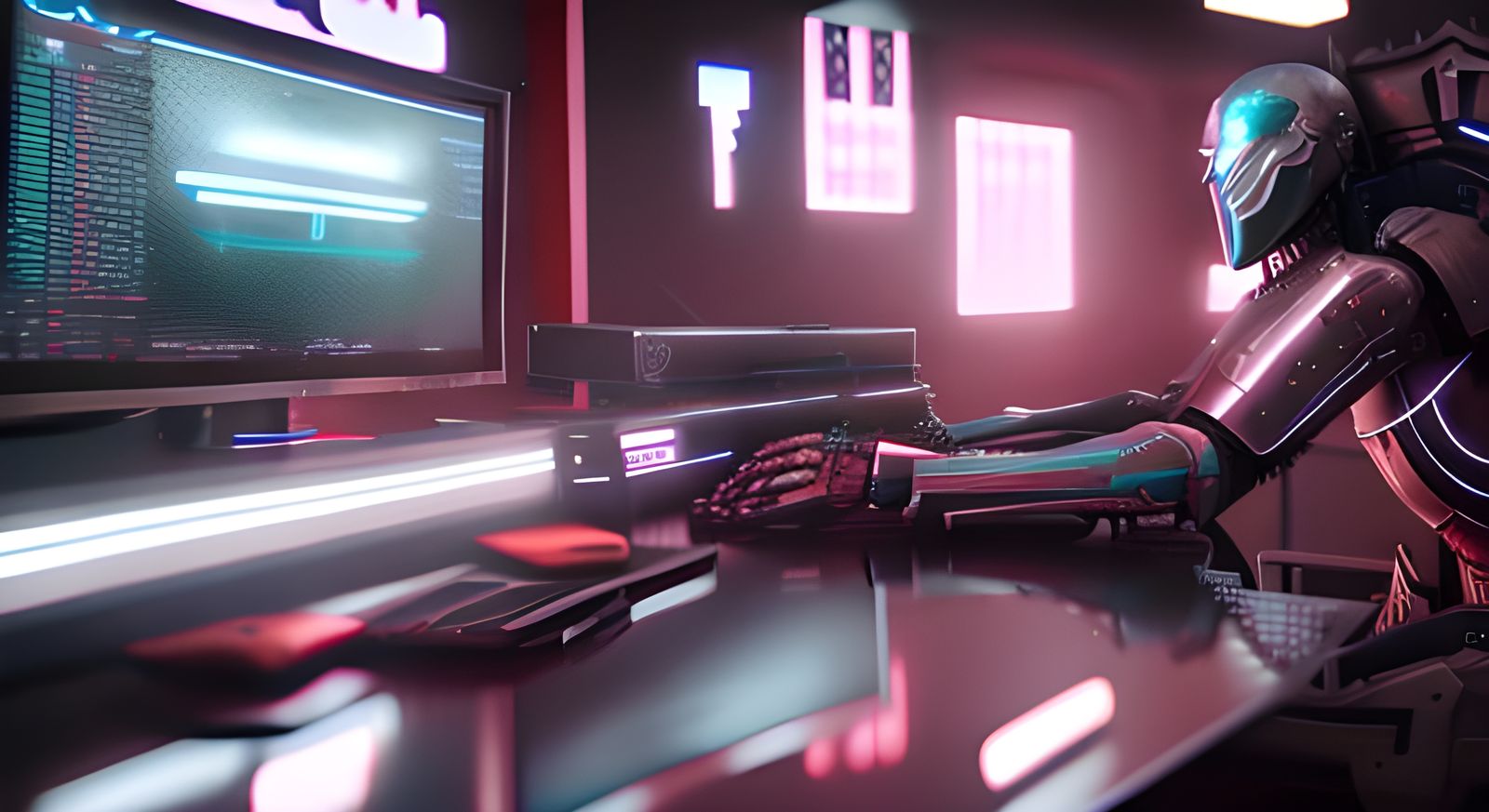 Cyberpunk Knight Using Computer in Realistic CGI Scene