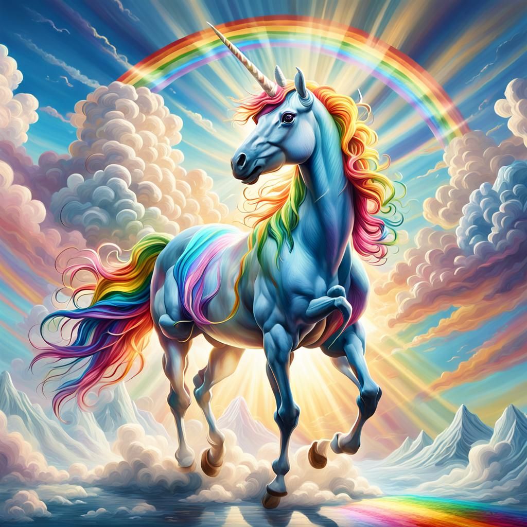 Rainbow Unicorn Ice Cream Fantasy: Vivid Oil Painting