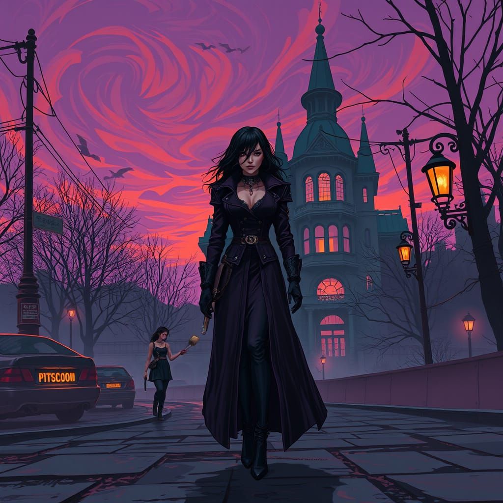 Cyberpunk Haunted Mansion Dusk Scene in Deep Plum and Burnt ...