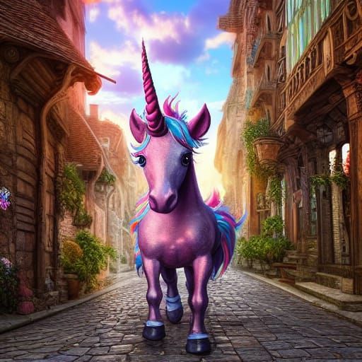 Cute Baby Unicorn in Medieval Street: 3D Digital Art