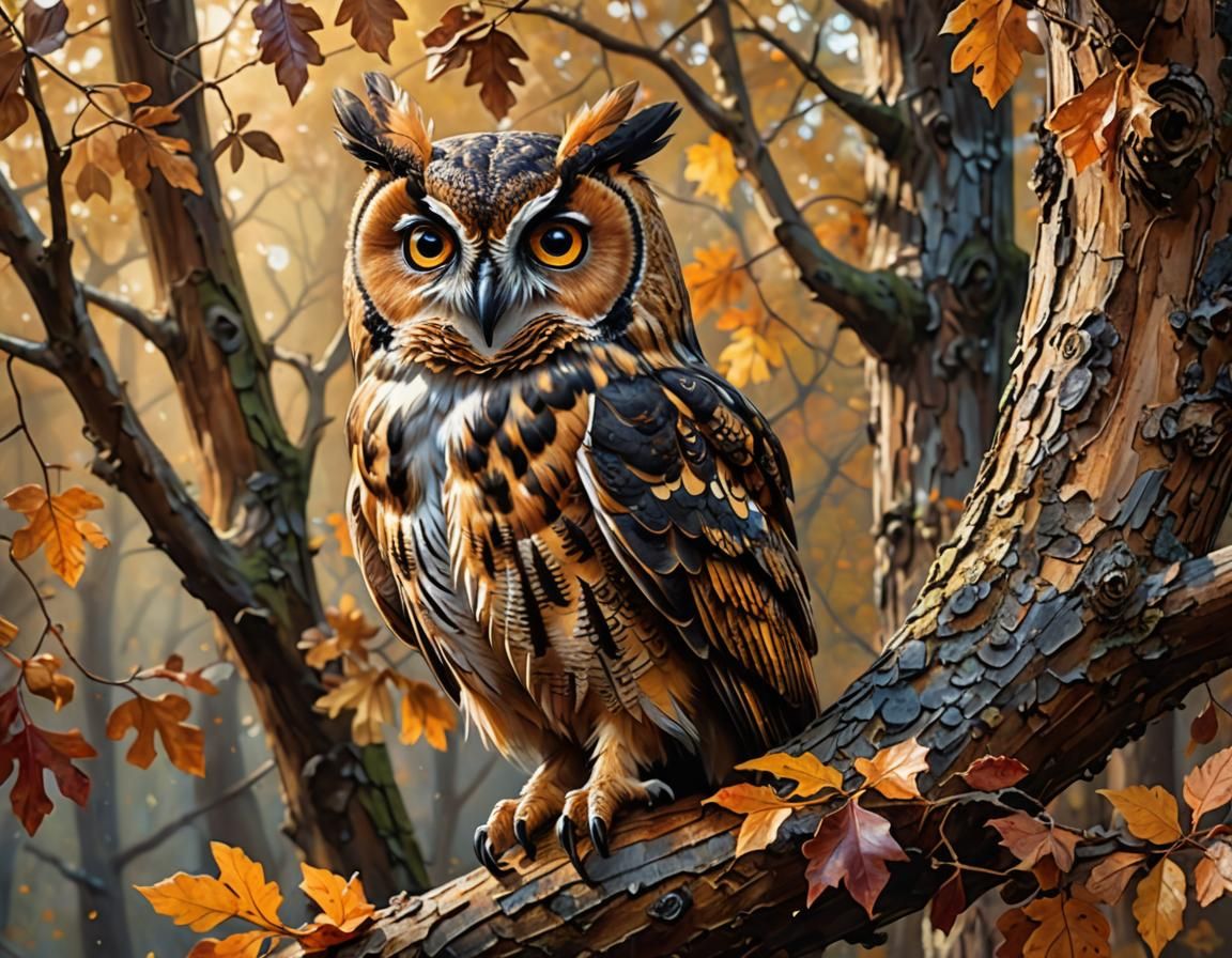 Wood Owl Camouflaged in Autumnal Oak: Hyperrealistic Art