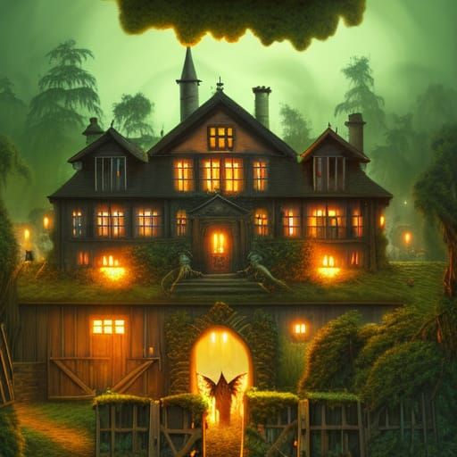 Fantastical Gremlin Farm Mansion in Dark Fantasy Style