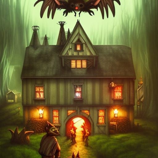 Fantastical Gremlin Farm Mansion at Night
