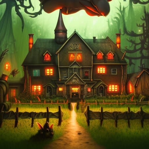 Fantastical Gremlin Farm at Night in Dark Fantasy Style
