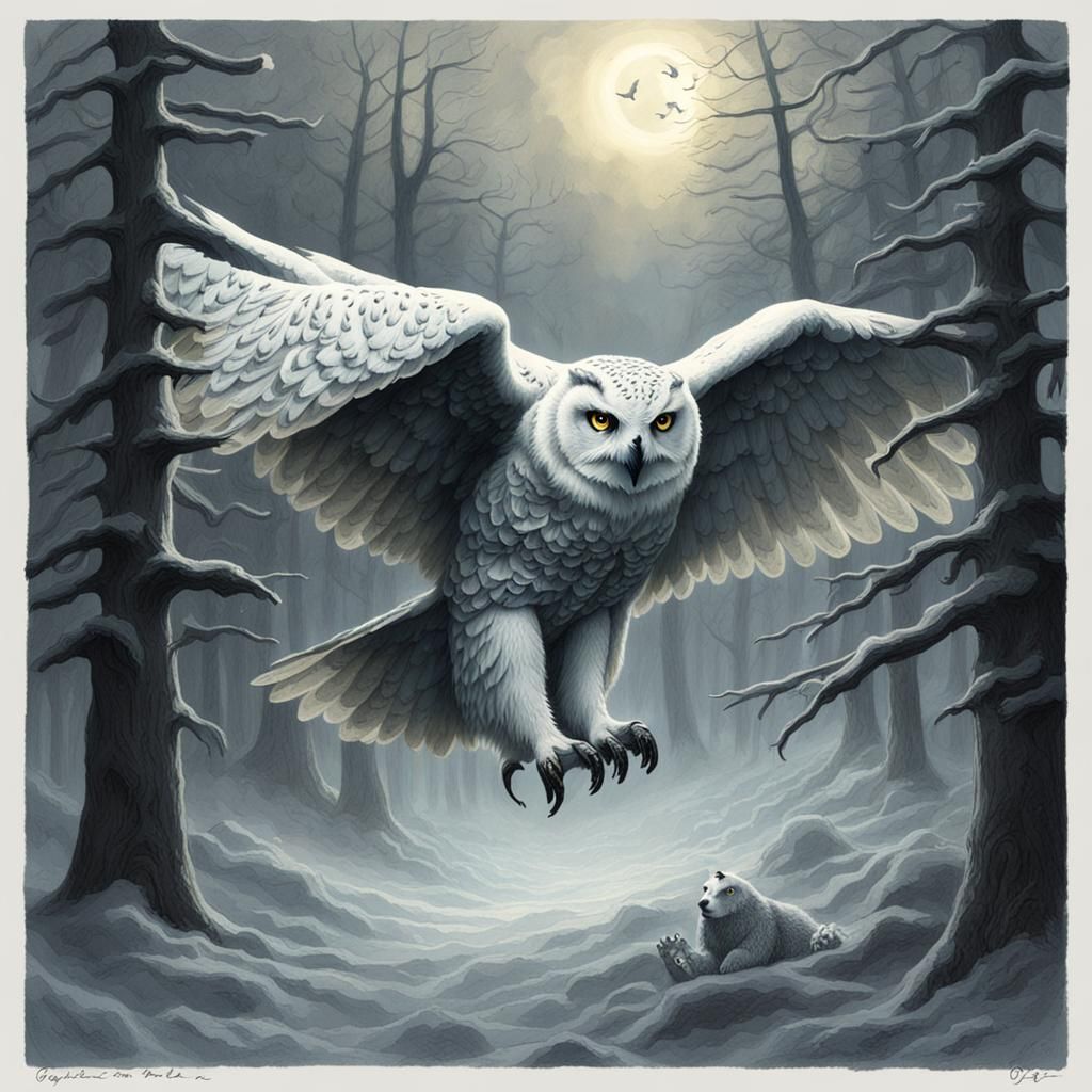 Eerie Winged Owl-Bear Creature in Misty Forest