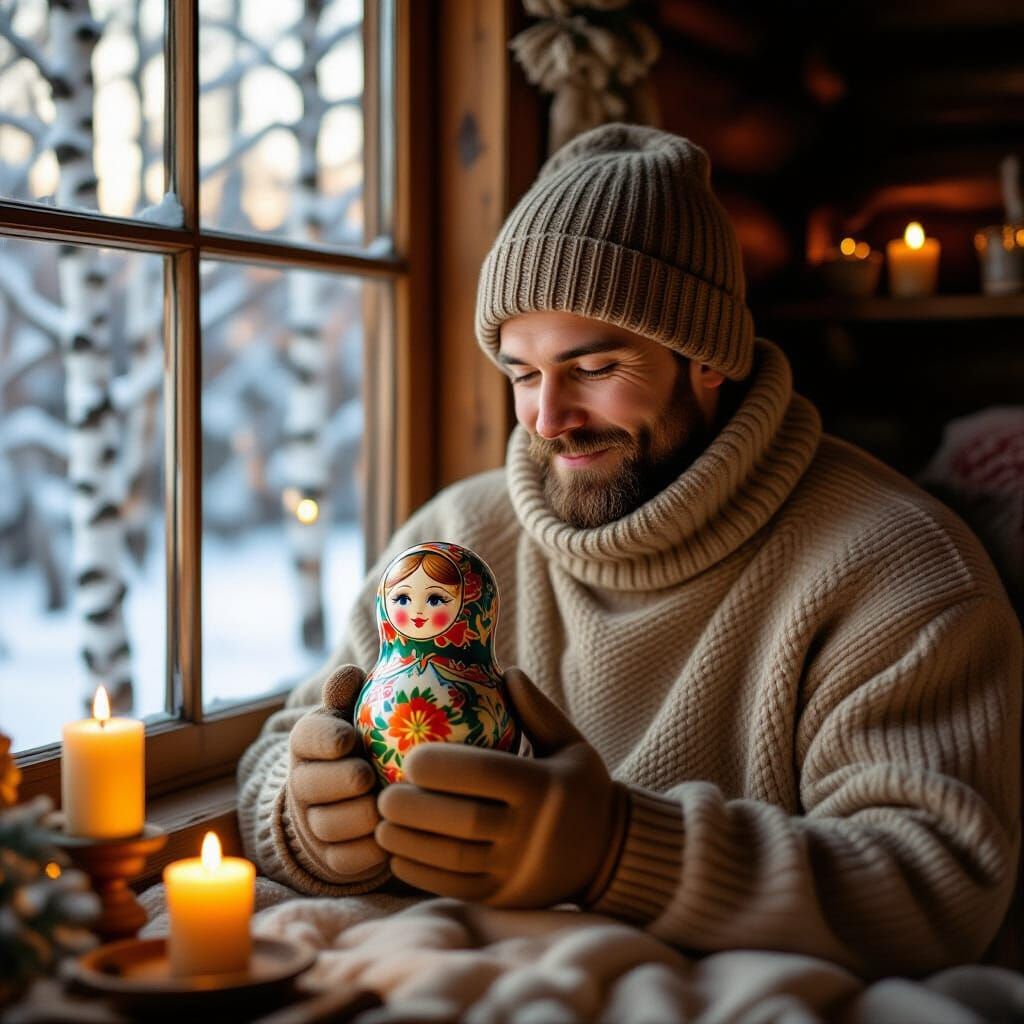 Boy with Matryoshka Doll in Cozy Dacha