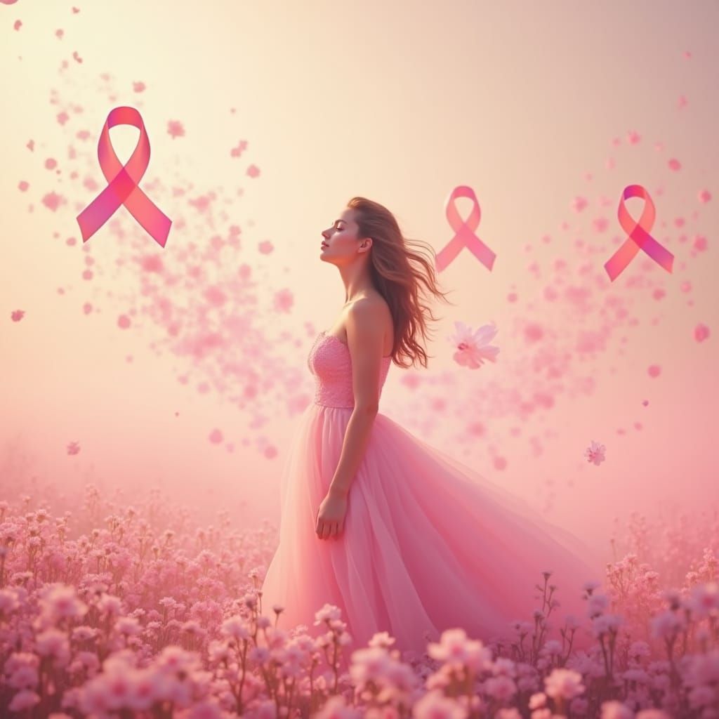 Ethereal Woman in Pink Mist with Flowing Light Ribbons