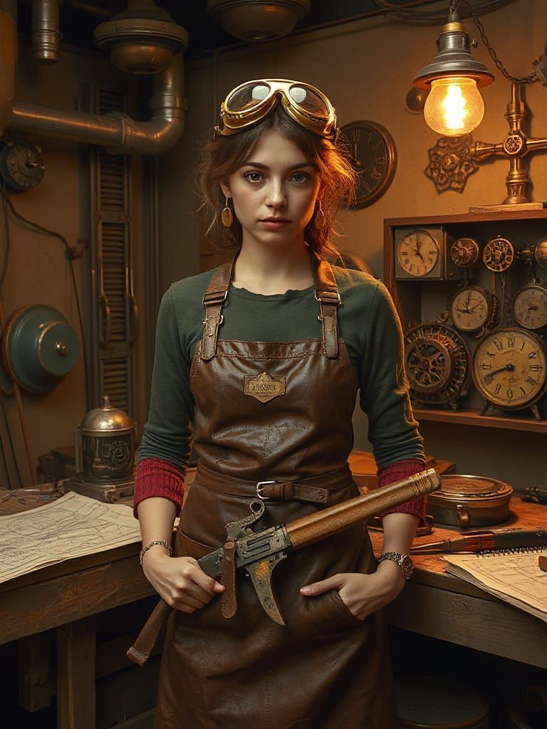Steampunk Artificer in Golden-Lit Workshop