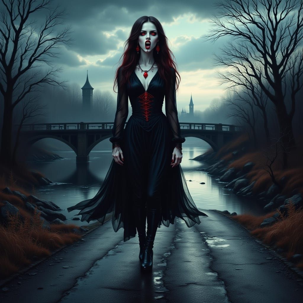 Gothic Vampire Woman on Sinister Road