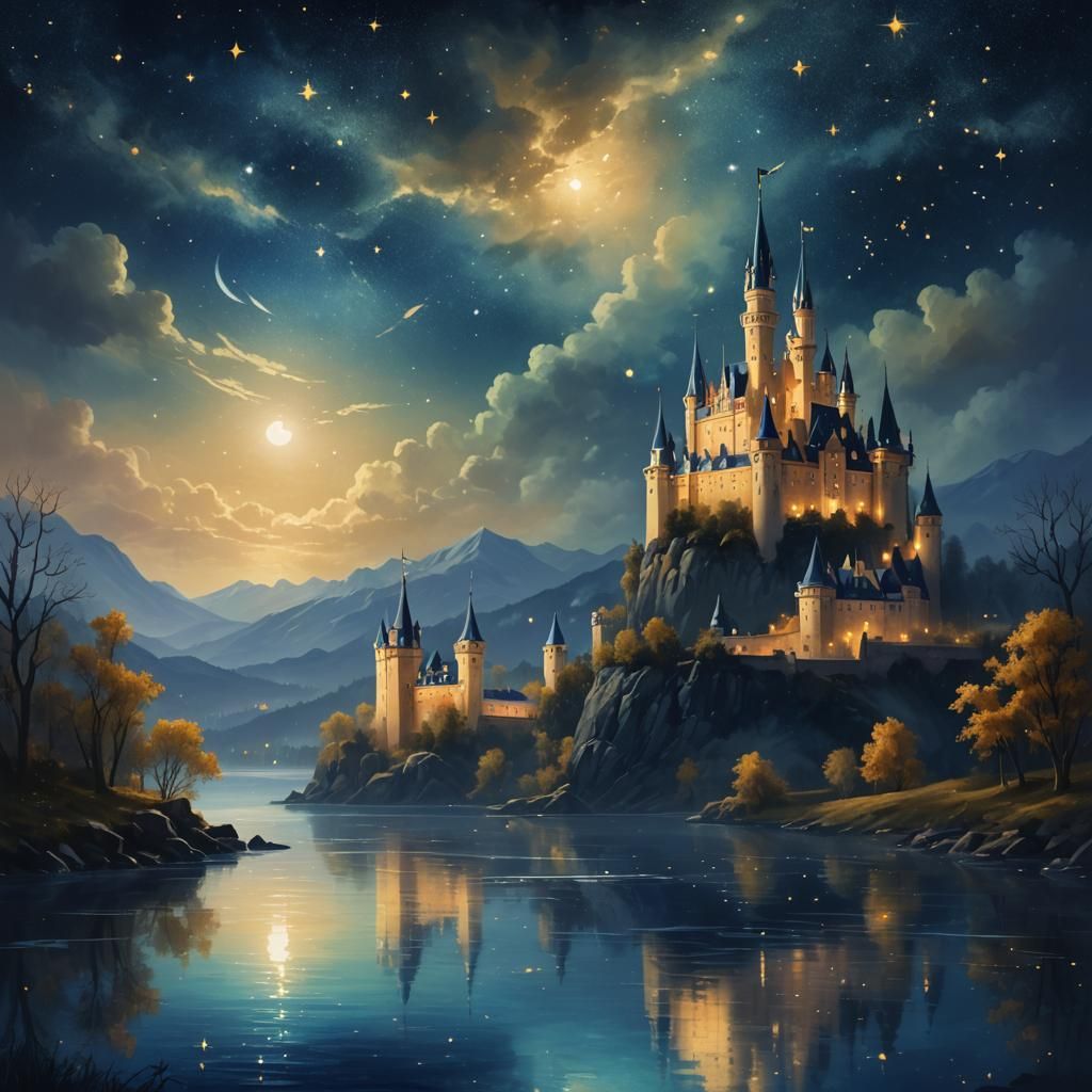 Mystical Castle Under Starry Skies in Digital Painting