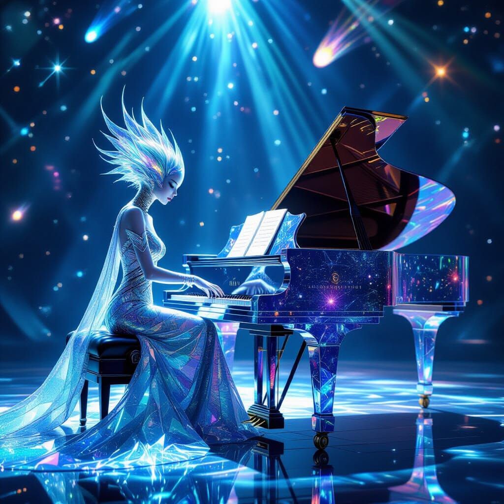 Alien Pianist in Shimmering Glass Gown Performs Celestial Co...